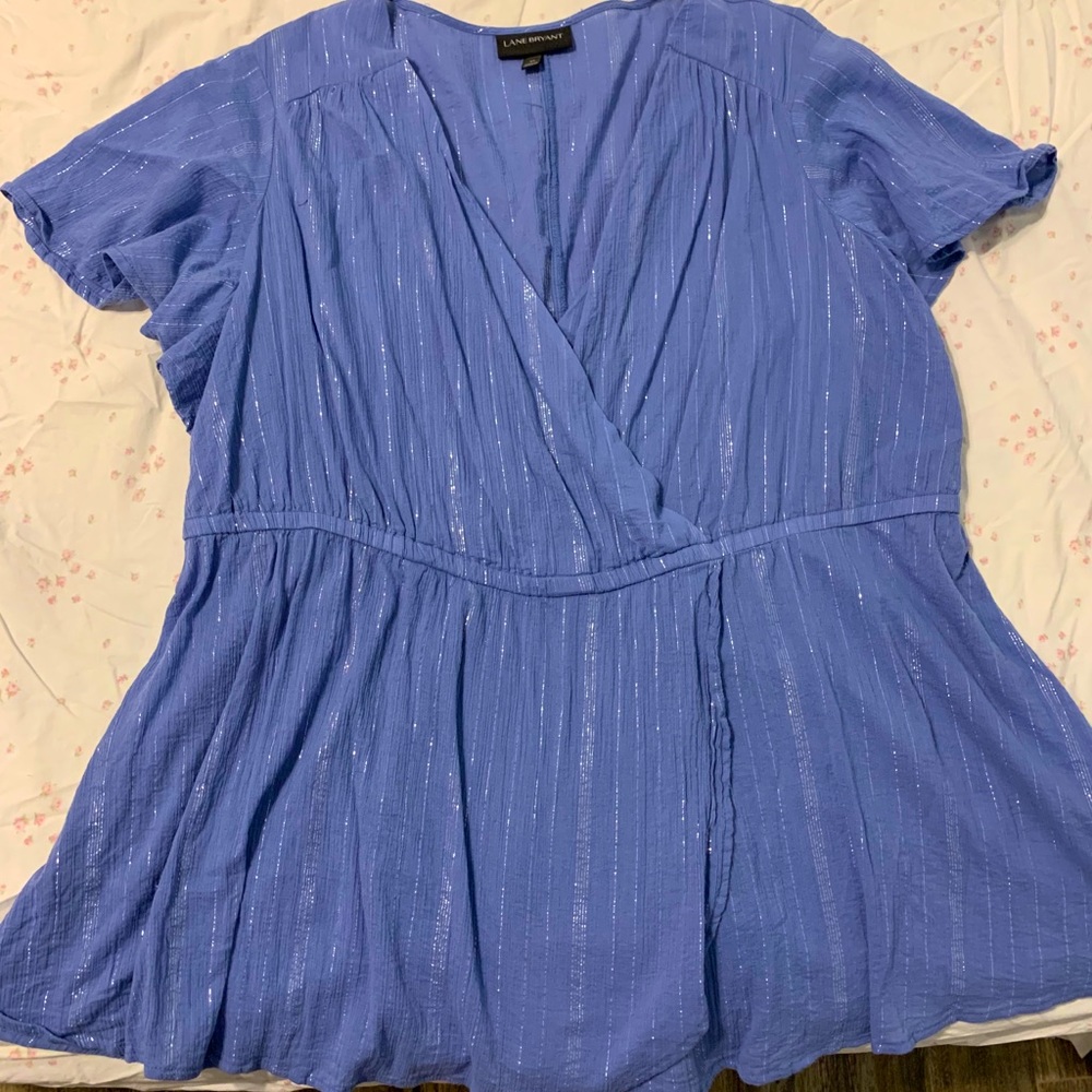 Blue and silver faux wrap top